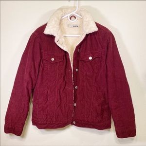 Topshop Moto Corduroy Sherpa Jacket in Burgundy